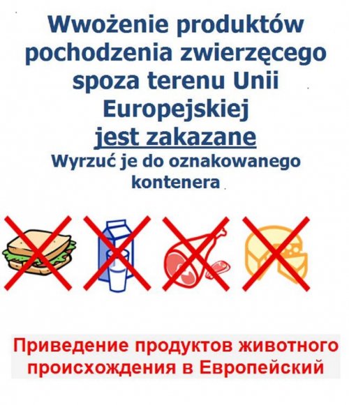 Plakat informujący o zasadach wwożenia produktów pochodzenia zwierzęcego do Polski.