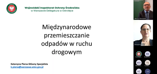 Widok slajdu tytułowego prezentacji nt. międzynarodowego przemieszczania odpadów w ruchu drogowym. Zdjęcia przedstawiają osobę moderującą kontrolę oraz osobę szkolącą.