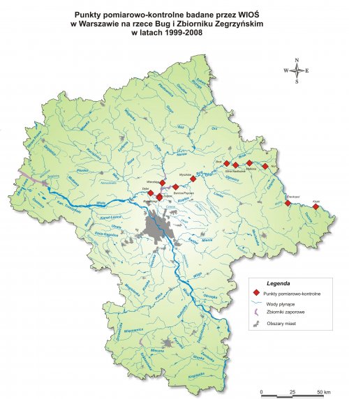 Lokalizacja przekrojów pomiarowo-kontrolnych badanych przez WIOŚ w Warszawie na rzece Bug i Zbiorniku Zegrzyńskim w latach 1999-2008