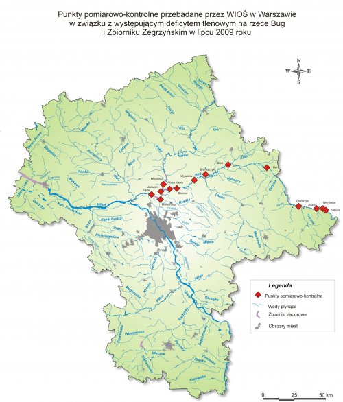 Lokalizacja przekrojów pomiarowo-kontrolnych badanych przez WIOŚ w Warszawie na rzece Bug i Zbiorniku Zegrzyńskim w lipcu 2009r.